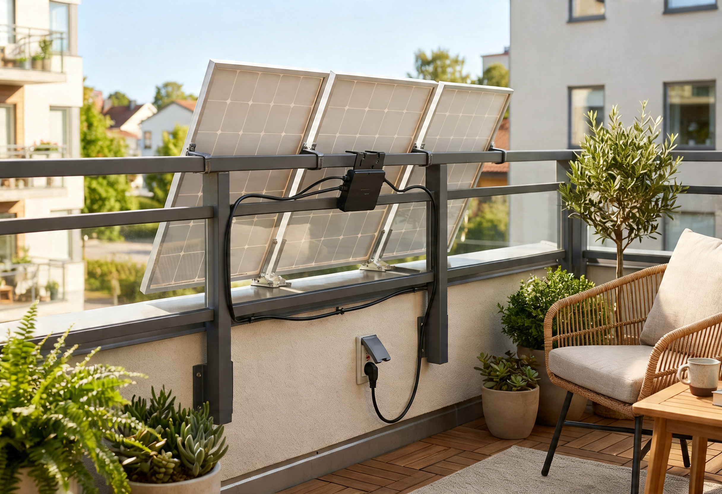 Plug-in solar panel mounted on a balcony railing in Colorado